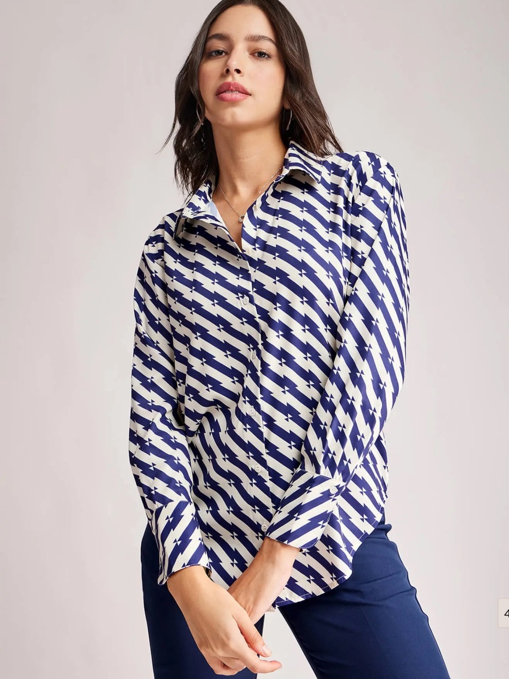 FableStreet Women Formal Shirt Geometric Satin Long Sleeve Office Size XL EUC